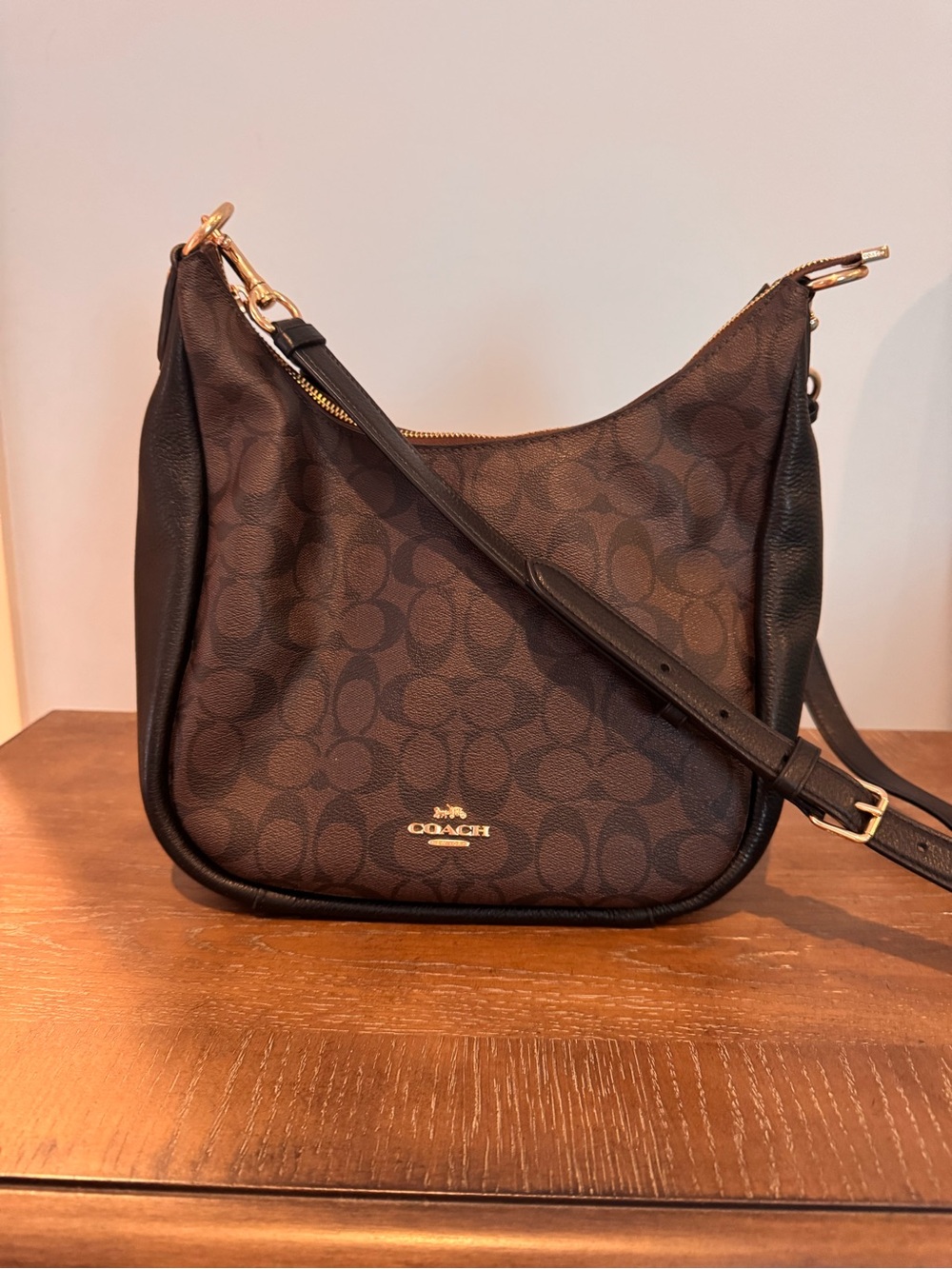 Coach Brown Signature Print Purse with Black Trim